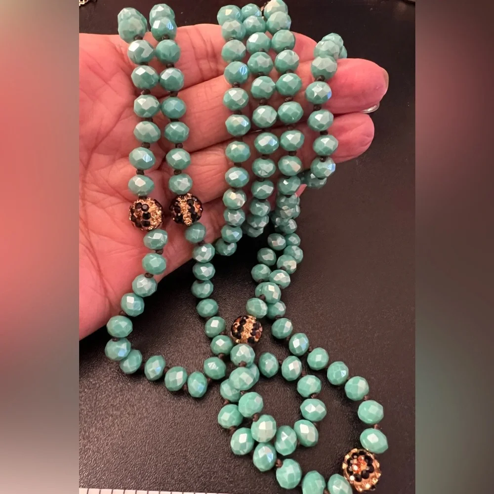 Pink Panache Turquoise Faceted Beads Rhinestone Encrusted Rondell 56" Necklace - Picture 1 of 8